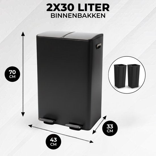 Bayt Poubelle - Poubelle 60 litres (2x30) - Poubelle 60 litres - Poubelle à pédale 60 litres - Poubelle Séparation des déchets - Poubelle 2 compartiments - Poubelle - inox - Noir/Argent