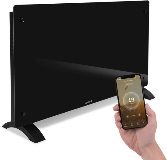 Chauffage électrique de luxe VONROC  - Convecteur avec panneau en verre - 1250W/2500W- Chauffe les pièces jusqu'à 30m2 - Contrôlé par l'application (via Wifi) et manuellement - Thermostat et minuterie réglables - Noir
