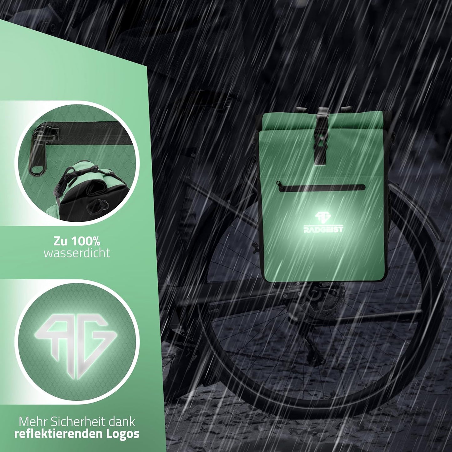 RADGEIST 3in1 bike carrier bag - sac à dos pour vélo - sac de transport - sac à bandoulière - avec compartiment pour ordinateur portable - étanche - 25L - Mint