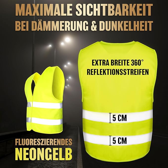 HELDENWERK Gilet de sécurité pour la voiture, lot de 2 adultes - Gilet de sécurité réfléchissant fluorescent 2026 - Gilet de sécurité pour la voiture, gilet de dépannage, certifié UE
