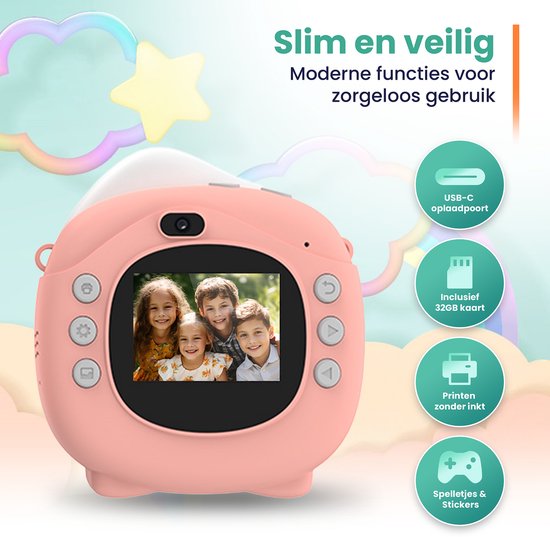 ODESSEY Caméra pour enfants avec imprimante - Full HD - Caméra Selfie - Carte SD 32GB - Photo - Vidéo - Jeux - Caméra numérique pour enfants - Caméra photo pour enfants - Rose
