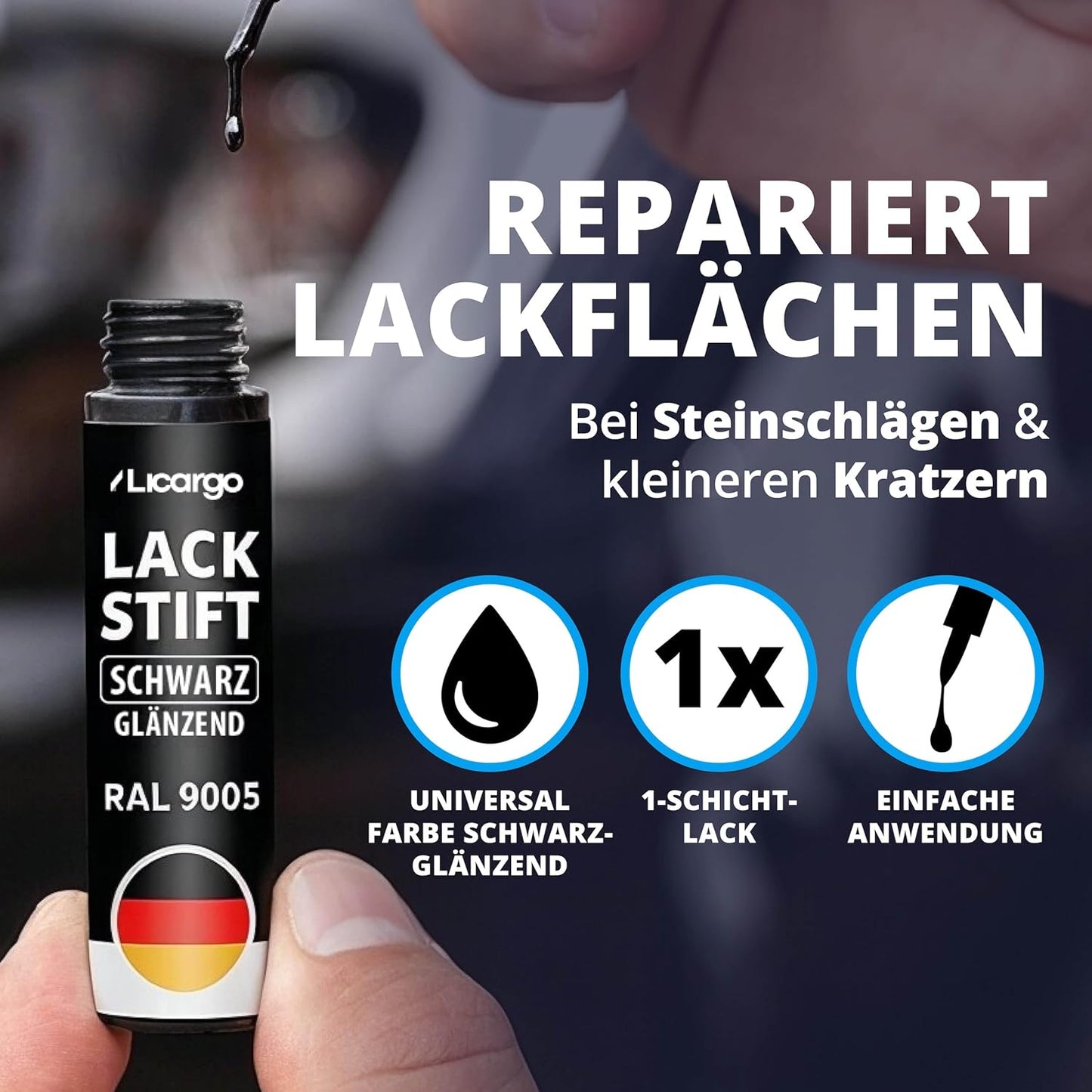 Licargo Lacquer Stick Car Black Gloss 12 ml - Pinceau de précision - Séchage rapide Réparation des rayures et des éclats de pierre
