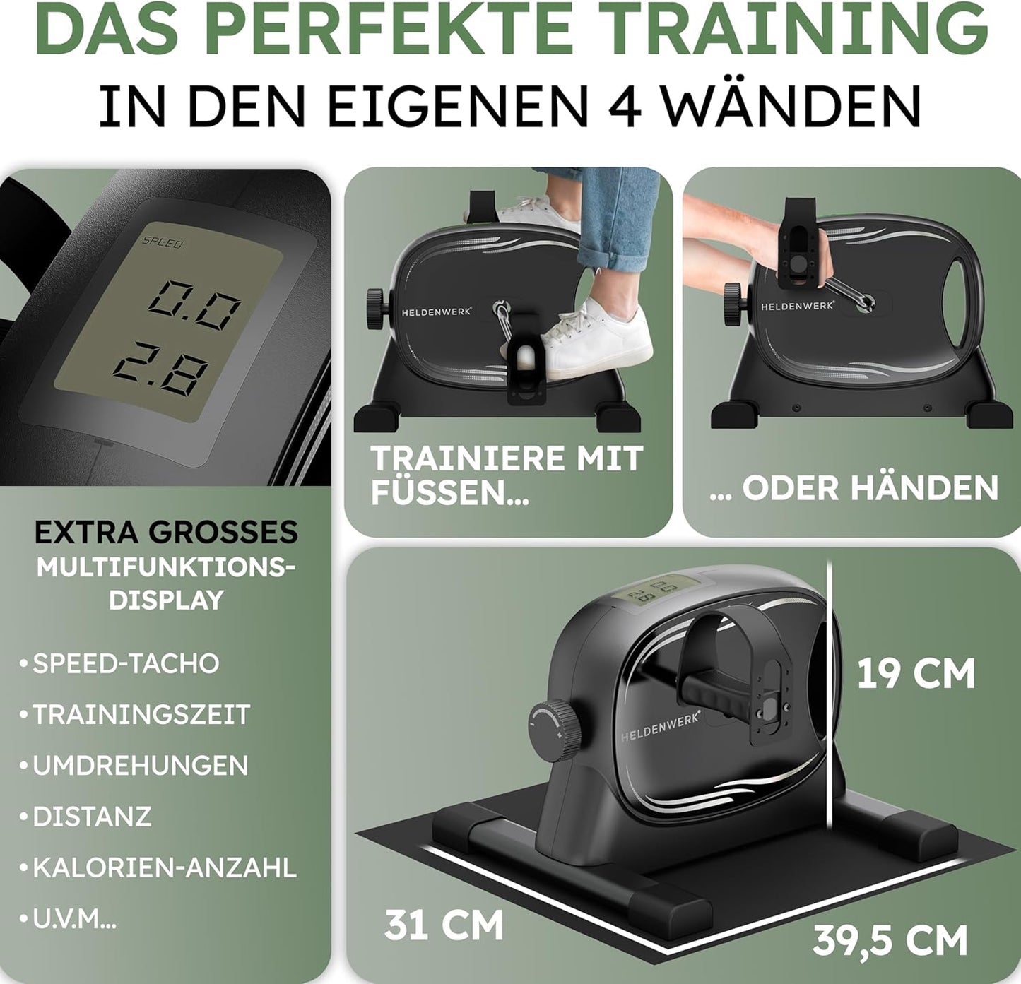 HELDENWERK - Pédalier - 40x35x30 cm - Acier et plastique noir - Sangle de fixation et tapis antidérapant inclus - Entraînement des bras et des jambes pour la maison - Vélo d'exercice idéal pour les personnes âgées - HW-PT-100