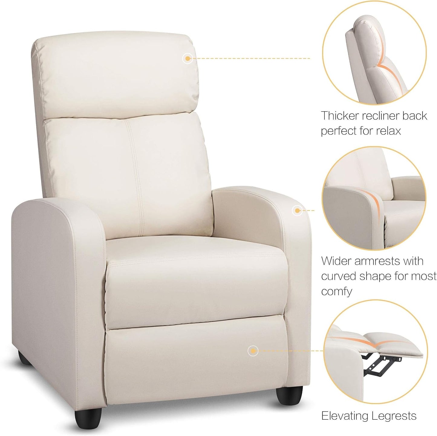 Yaheetech Fauteuil inclinable - Fauteuil réglable en simili cuir - Ressorts ensachés - Beige - 3 positions assises et inclinables