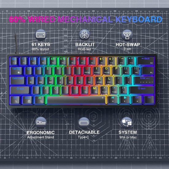 AULA F3261 - Clavier de jeu filaire - Mécanique - Full RGB - 61 touches - Commutateur rouge - Hot swap - Claviers Qwerty - Noir