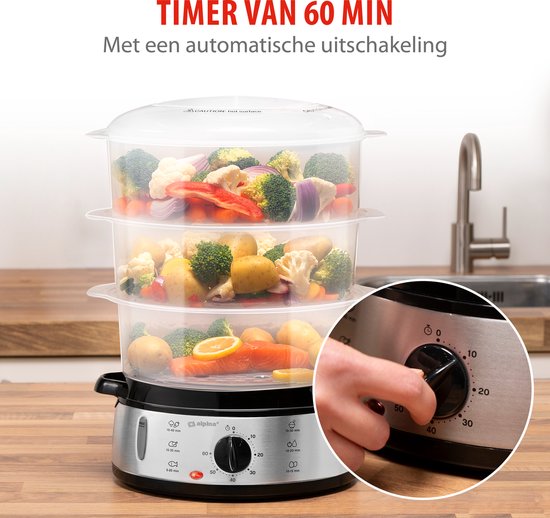 Cuiseur vapeur Alpina 9 L - Cuiseur vapeur 800 W - Cuiseur vapeur avec minuterie et fonction de maintien au chaud - Cuiseur vapeur à 3 niveaux - Cuiseur vapeur pour légumes, riz, poulet, fruits, poisson et œufs - Acier inoxydable