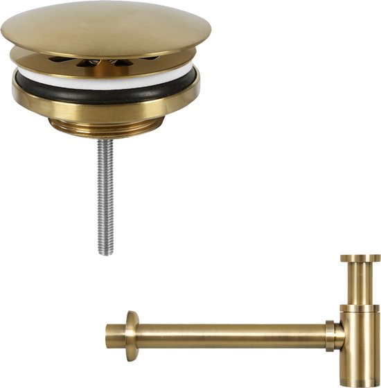 Ensemble de lavabo Differnz Helios 37,5 x 18,5 x 9 cm – Lavabo en céramique blanche – Avec robinet d'eau froide à gauche et à droite, finition or mat – Ensemble de lavabo pour salle de bains – Siphon et bouchon de vidange « Always-Open » inclus – Fixation
