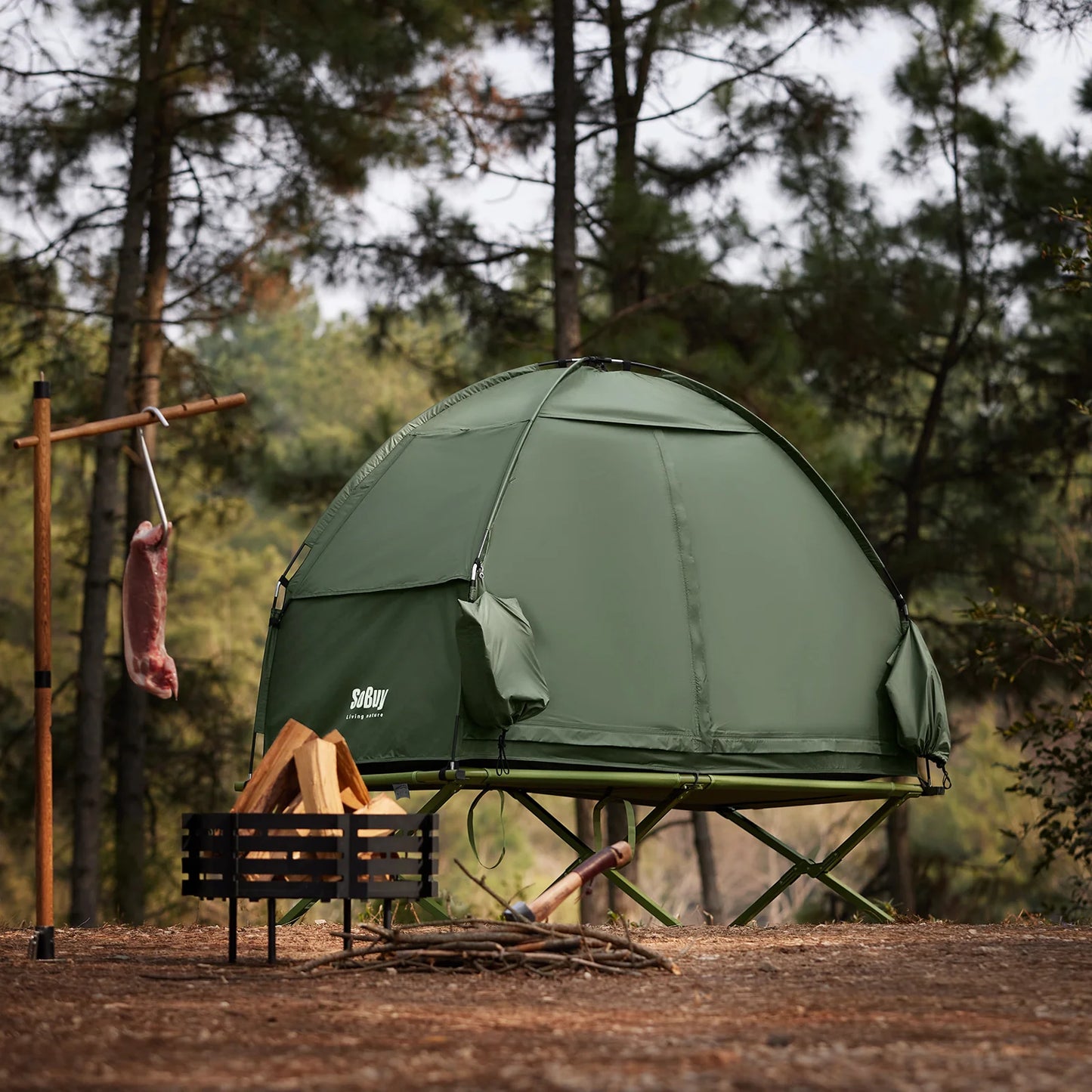 Tente de camping SoBuy OGS32-II-GR 1 place, vert foncé – 2-en-1 avec crochet pour lampe et rangements pour chaussures, 193 × 161 cm