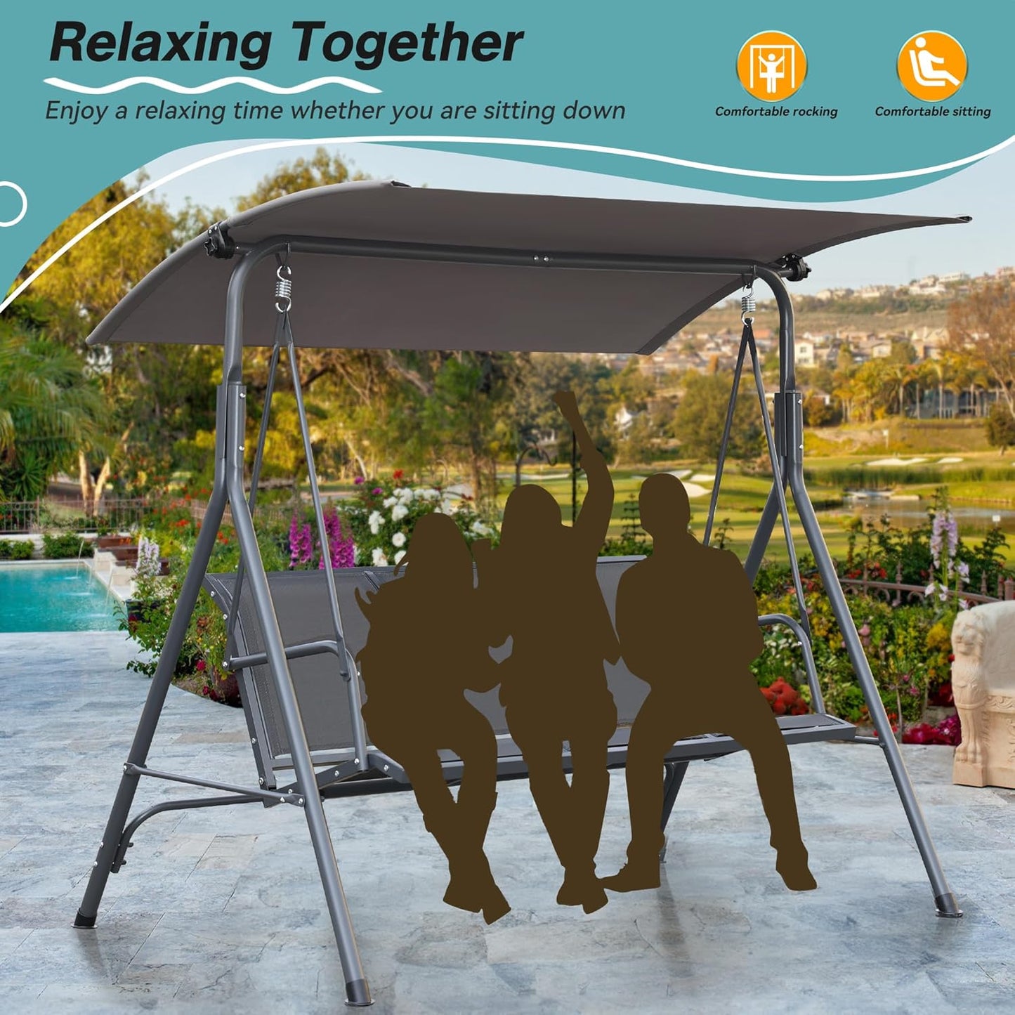 Angel Living Balançoire de jardin - 3 places - Toit - Chaise Teslin - 170x110x152 cm - Teslin