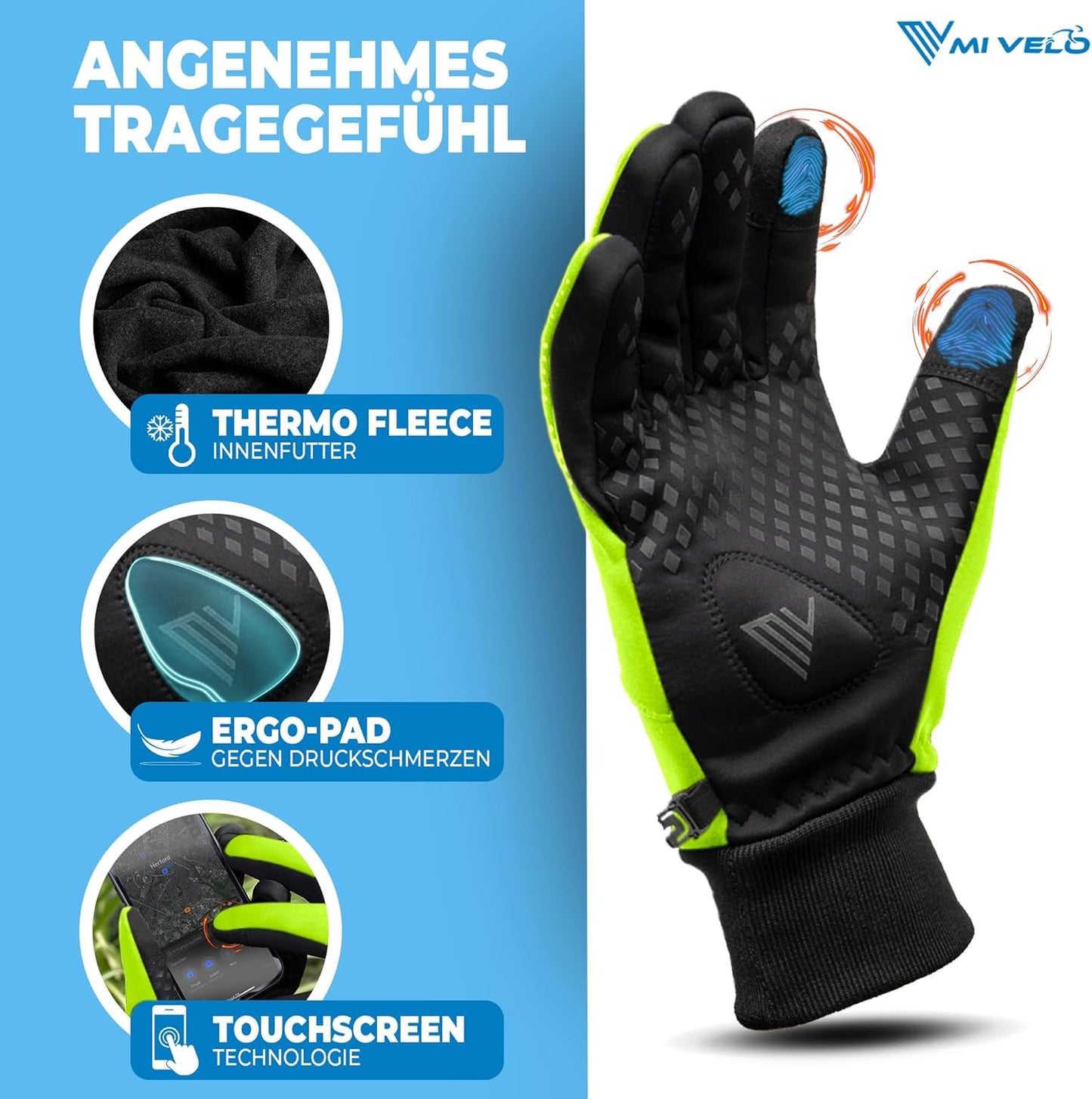MIVELO Gants de cyclisme VELORIDER - Coupe-vent et imperméable - Grip ferme - Jaune - Taille S