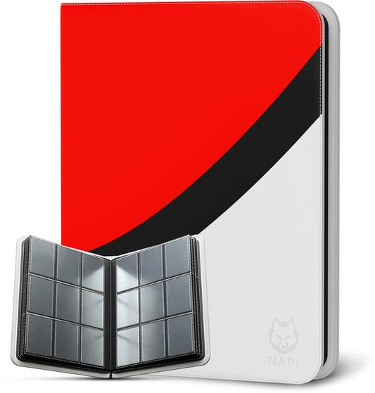 Album NAPI Toploader Pro pour 288 cartes - Album de collection haut de gamme avec pochettes Toploader et fermeture à glissière - Album pour cartes à collectionner - 9 pochettes - Simili cuir - Rouge/Blanc