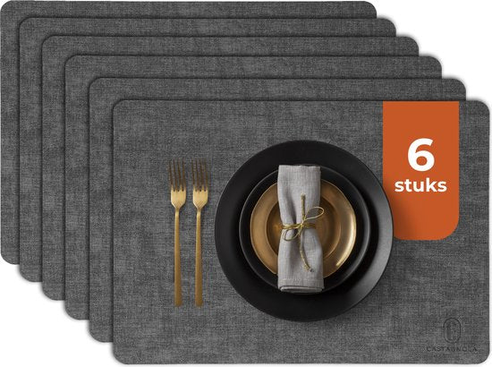 Sets de table Castagnola aspect cuir - Sets de table antidérapants en cuir artificiel - Sous-verre hydrofuge - Sous-verre - Sets de table en plastique - 6 pièces - 45 x 30 cm - Mélange noir