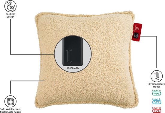 Feel Home - Oreiller chauffant - Teddy - Blanc cassé 45x45cm - avec banque d'alimentation 10000mAh