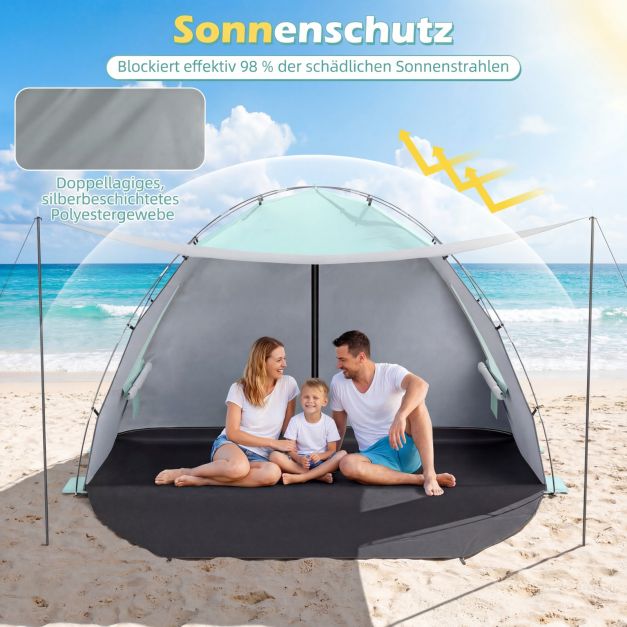 Coast Strandtent 260 × 150 × 160 cm – Abri de plage avec auvent, protection UV UPF 50+, fenêtres en filet et sac de transport – Vert