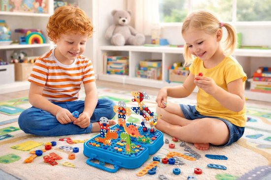 Eddy Toys : kit de construction avec boîte de montage et perceuse jouet incluse - Jouet de construction comprenant 298 pièces - Jouet dinosaure - Jouet Montessori : mosaïque à encastrer - Jouet éducatif