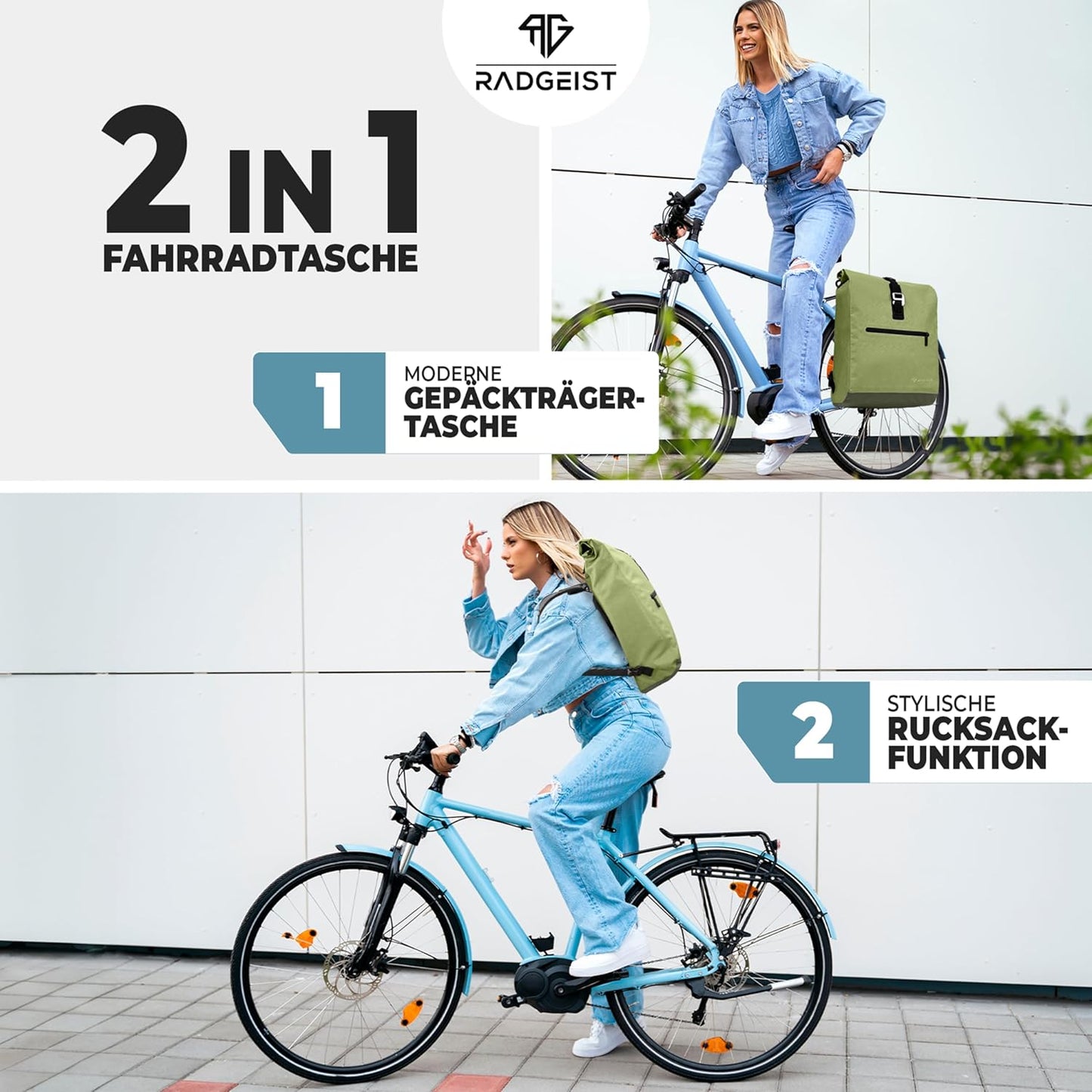 RADGEIST sac à vélo pour porteur I sac à vélo & sac à dos I sac à vélo pour femmes & hommes I sac à bandoulière & sac à vélo pour vélo 20L vert