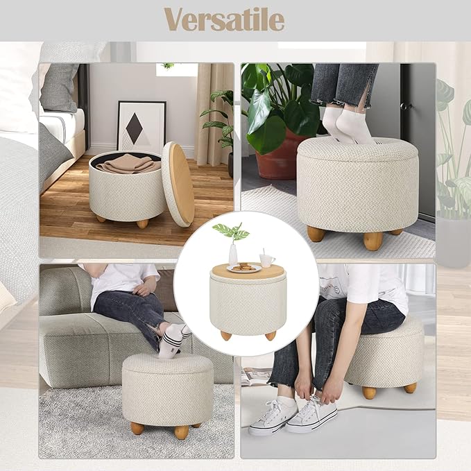 WOLTU pouf de rangement - pouf rond avec couvercle - lin crème blanc - 39 x 33 cm - pieds en bois