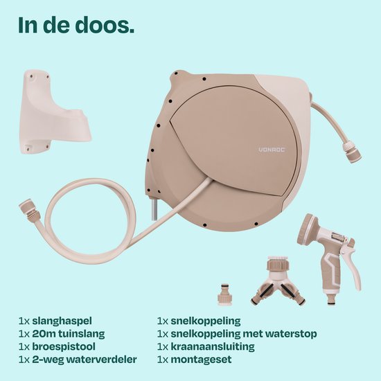 Dévidoir automatique VONROC – boîtier mural pour tuyau d'arrosage – avec tuyau d'arrosage haut de gamme de 20 m, pistolet d'arrosage à 8 positions et raccords – beige