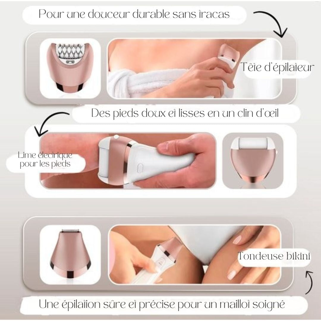 Rasage Femme 6 en 1 -Sansbeauté® - Visage - Aisselles - Jambes - Maillot - Rasoir - Epilateur Femme - Tondeuse - Rechargeable USB - blanc