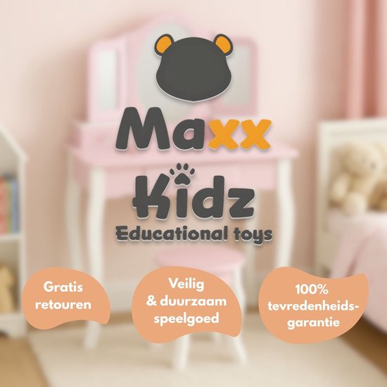 Table de maquillage Maxx Kidz pour enfant avec miroir - Table de maquillage en bois rose pour enfant avec tabouret - Table de maquillage pour enfants - Jouet pour filles à partir de 3 ans