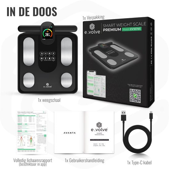 e.volve X11 Pèse-personne numérique - Pèse-personne intelligent avec 32 analyses corporelles - Rechargeable via USB - Application et poignée incluses