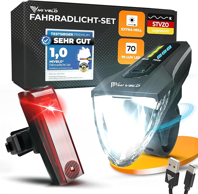 MIVELO Bicycle Light Set - USB Rechargeable & Waterproof - 70 Lux - Black