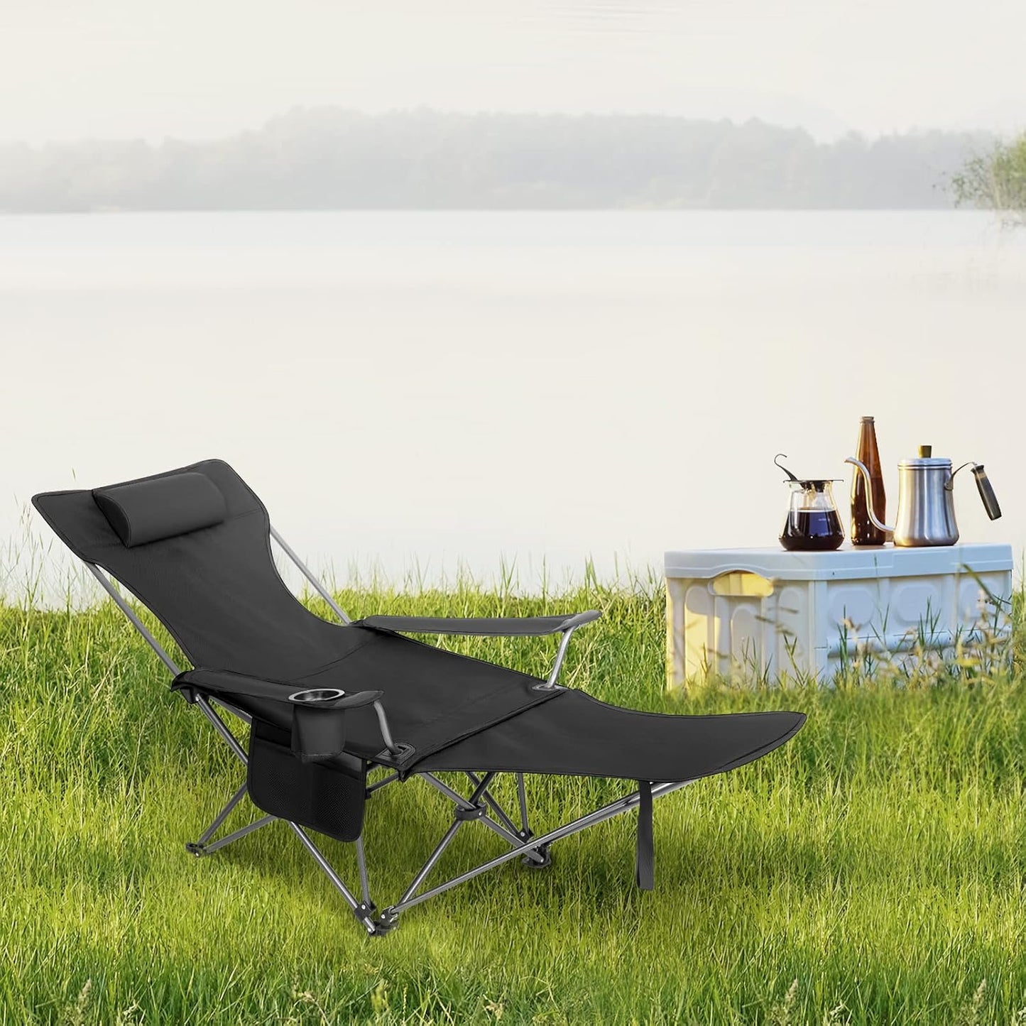 Chaise de camping pliable Woltu - Chaise longue et chaise de pêche avec repose-pieds et porte-gobelet - 160x88,5x84 cm - Noir