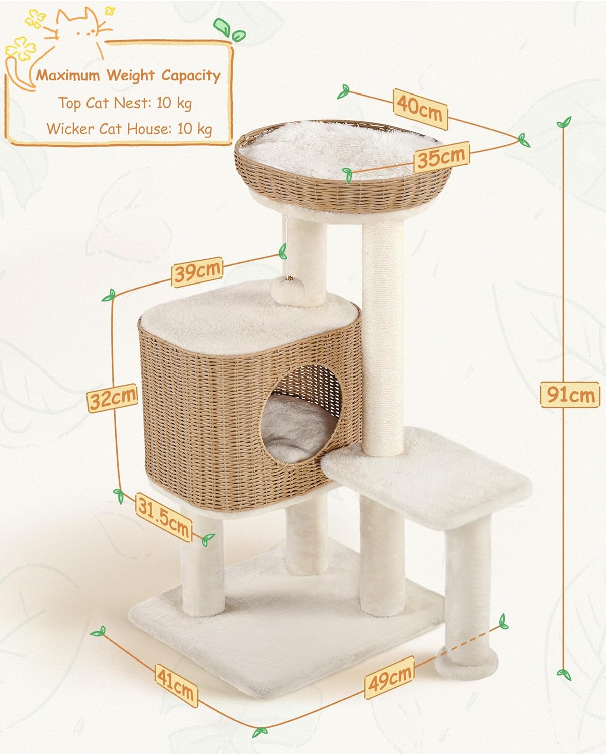 Yaheetech Poste pour chat avec maison en rotin - 49 x 41 x 91 cm - équipé d'un panier de luxe, de griffoirs en sisal et de tapis amovibles - pour chatons et chats adultes - en rotin beige et en peluche