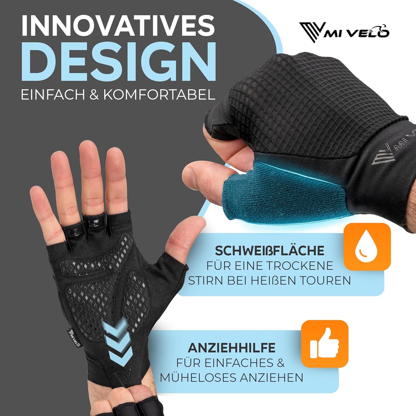 MIVELO Gants de cyclisme rembourrés - Modèle d'été - Respirant et sans doigts - Forte adhérence - Noir - Taille M