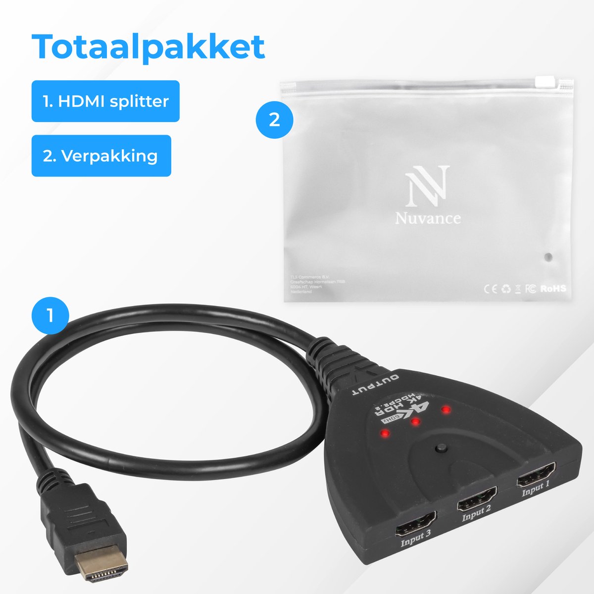 Commutateur HDMI Nuvance - 3 entrées, support 4K 60Hz - 60 cm - Noir