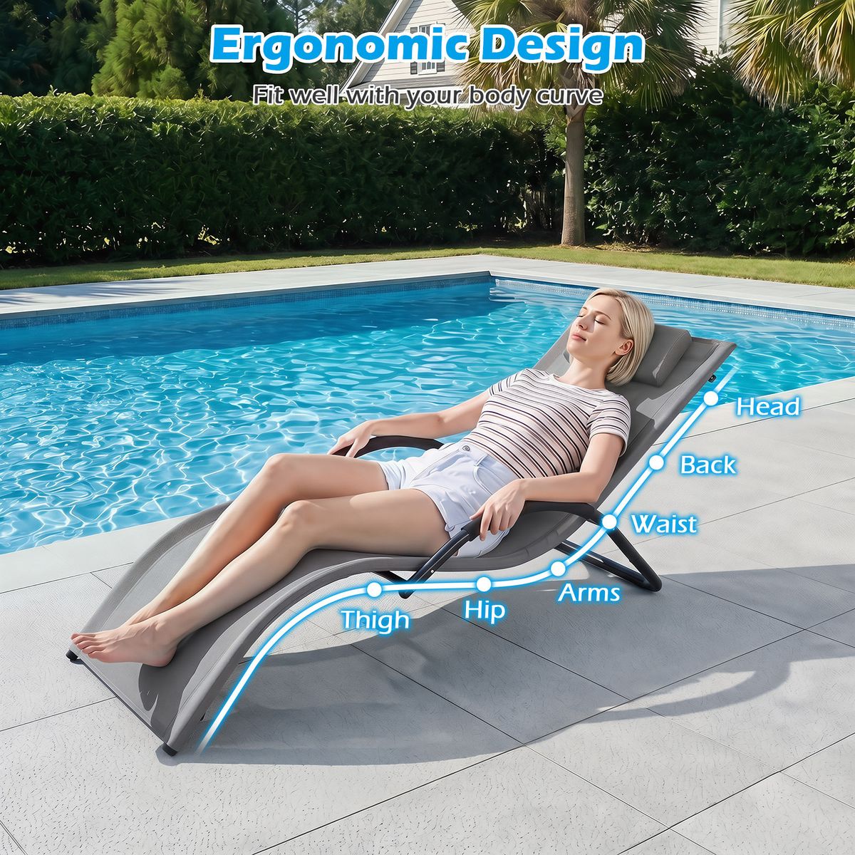 Chaise longue de jardin Coast - conception ergonomique - appui-tête amovible - gris - 1 pièce