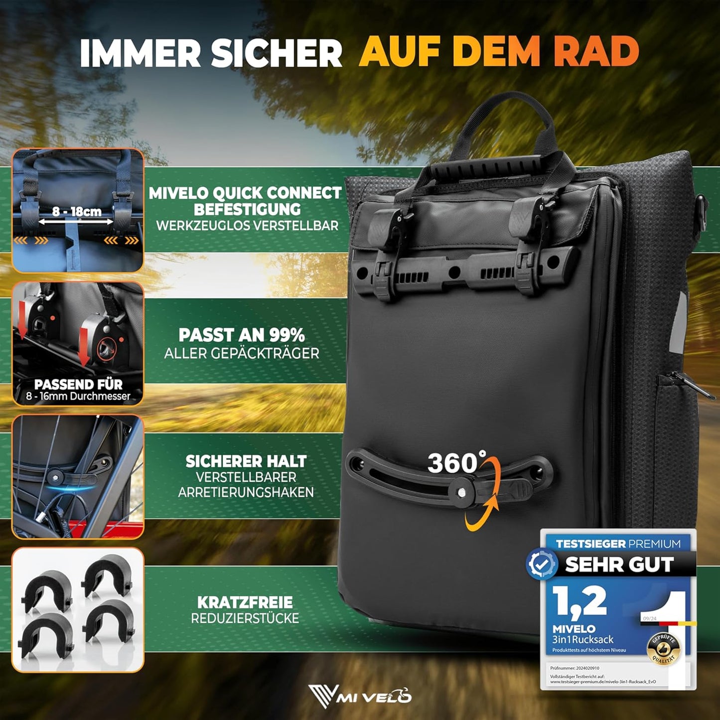 MIVELO 3-in-1 sacoche, sac à dos et sac à bandoulière étanches - 25L, noir réfléchissant - avec compartiment pour ordinateur portable et fonction de conversion rapide