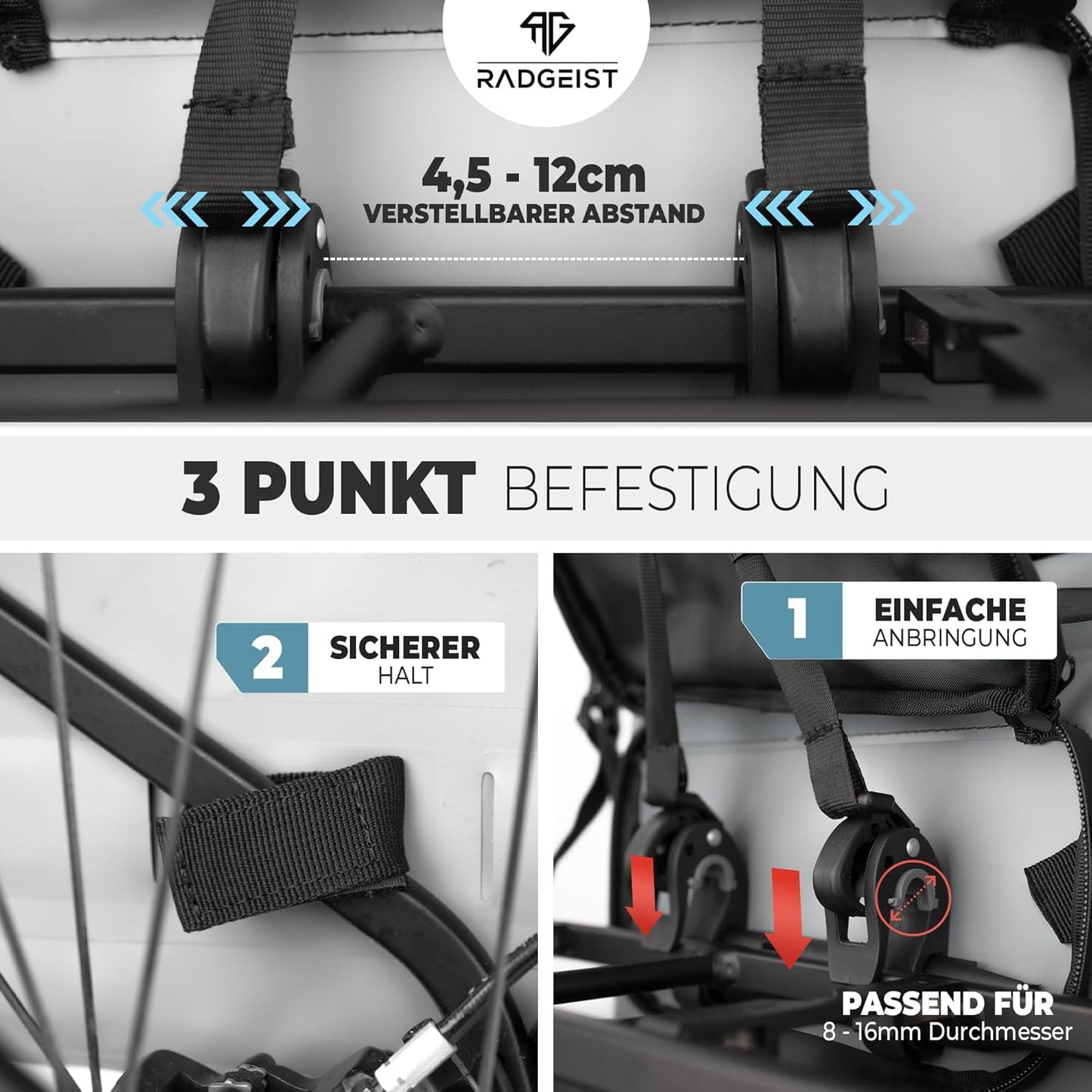 RADGEIST 3in1 bike bag for carrier I sac à vélo, sac à dos et sac à bandoulière 18-22L I sac à vélo 100% étanche gris