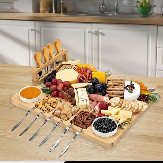 Kicinn Drinking Board - Tapas Board - Cheese Board - Serving Board - Drinking Board Wood - Incl. Cheese Knives, Forks, Bowls and Extra Serving Board - Bamboo