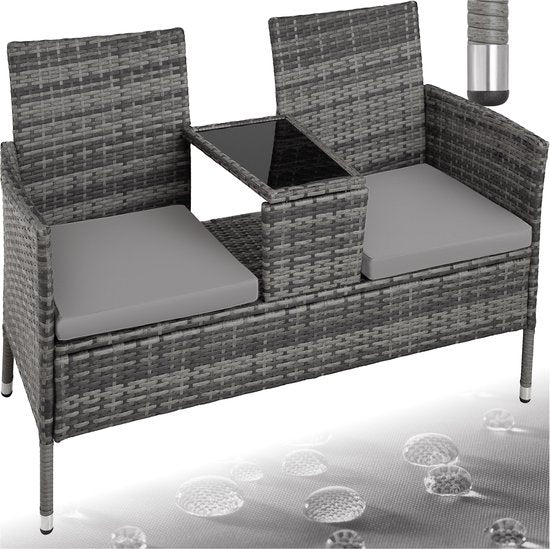 tectake® - banc de jardin en osier avec table, banc 2 places, 131 x 61 x 82 cm, banc pour balcon et terrasse, banc de jardin avec coussin d'assise - gris/gris clair - poly-rattan
