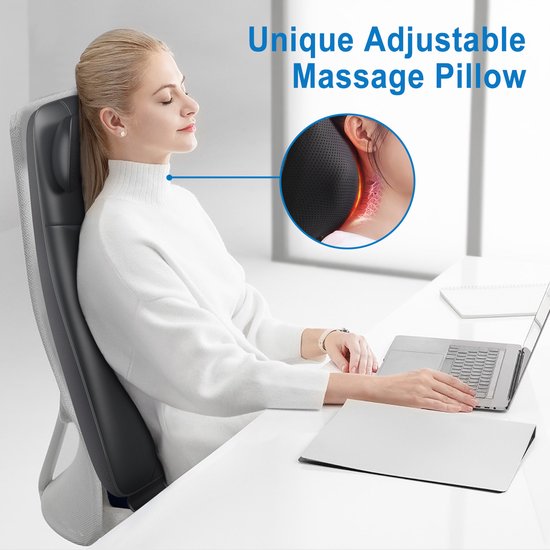 Coussin de massage shiatsu RENPHO - Massage complet du dos et de la nuque - Avec chaleur et vibrations - Zones et intensité réglables - Reconnaissance automatique de la hauteur - Convient à toute chaise - Idéal pour la maison ou le bureau