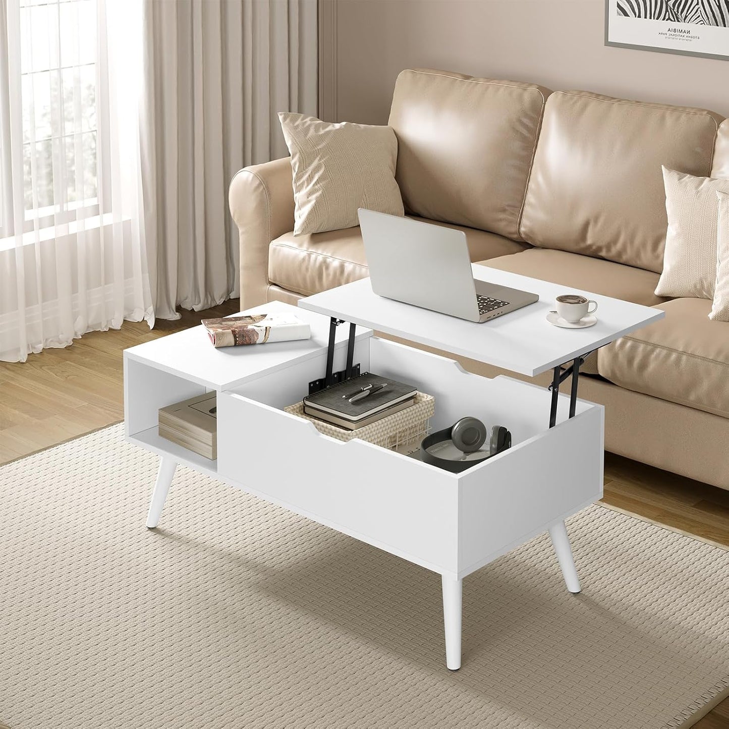 Table basse relevable Woltu - extensible et réglable (100 x 50 x 43-57 cm) - blanche
