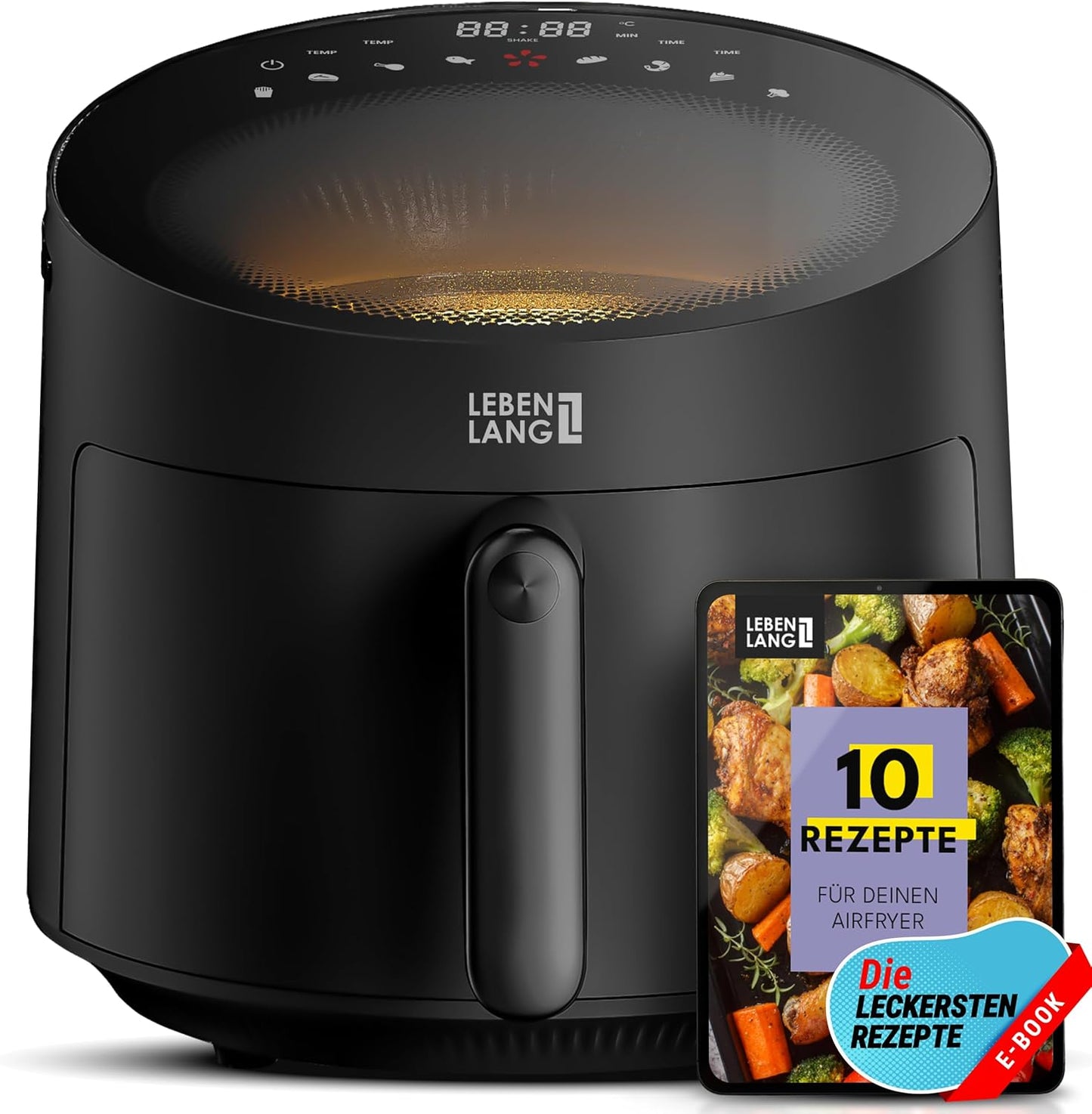 LEBENLANG Airfryer 5L & 1500W - 8 Programmes - Livre de recettes inclus - 45 x 30 x 27 cm - Noir