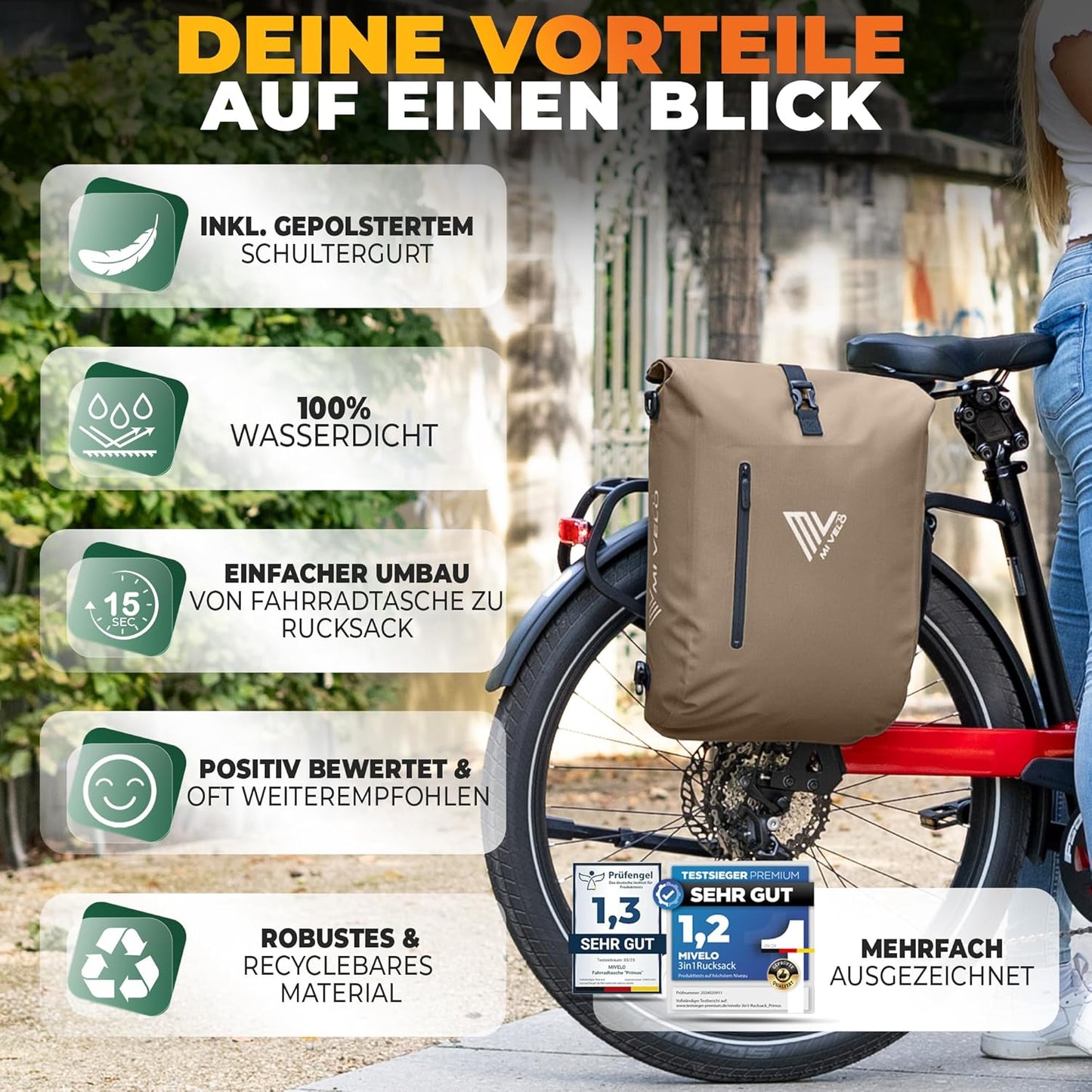 MIVELO Sacoche à vélo étanche 3 en 1 avec compartiment pour ordinateur portable et serrure - sans PVC - Beige sable - 20 L
