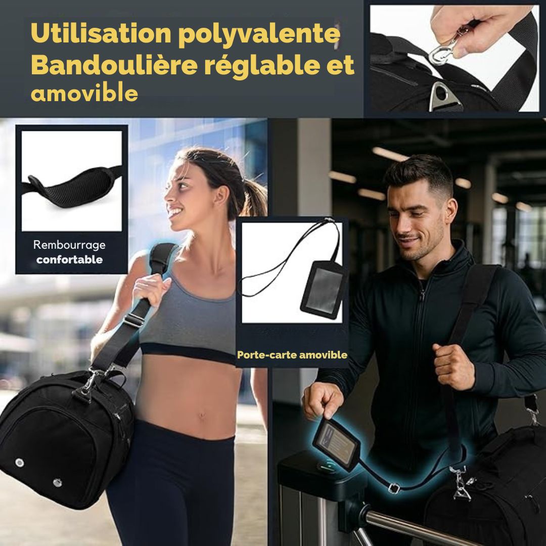Sac de sport Herowerk - avec compartiment à chaussures et compartiment humide, sac d'entraînement pour femmes et hommes, idéal comme sac de voyage, sac de fitness, sac d'entraînement - avec bandoulière - noir