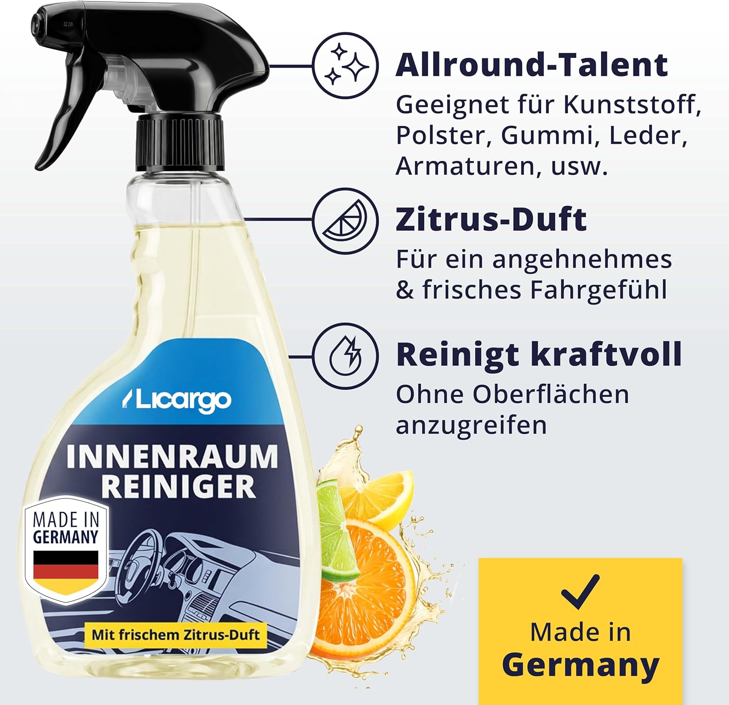 LICARGO Nettoyant d'intérieur haut de gamme pour habitacle 500 ml - pH neutre - pour plastique, revêtements et cuir - nettoyage en profondeur - entretien de l'habitacle