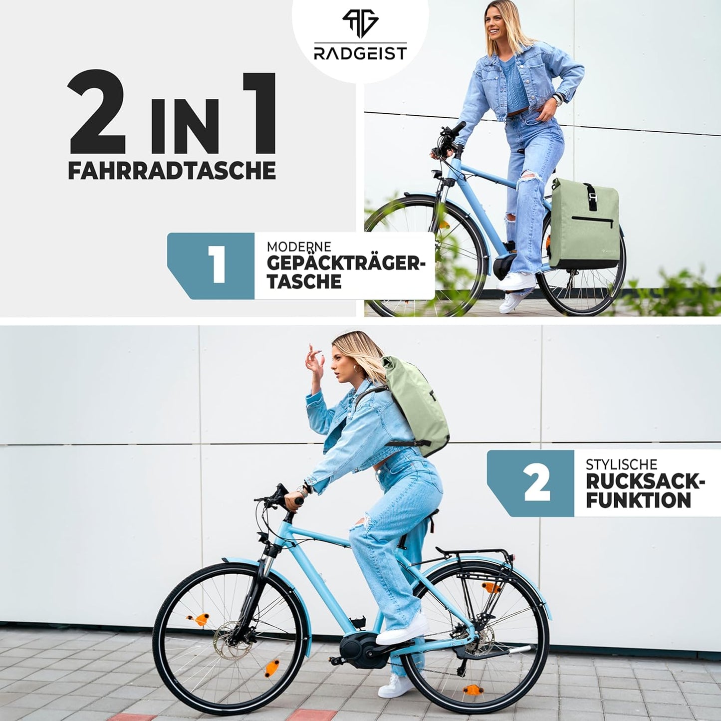 RADGEIST sac à vélo pour porteur I sac à vélo & sac à dos I sac à vélo pour femmes & hommes I sac à bandoulière & sac à vélo pour vélo 20L Mint