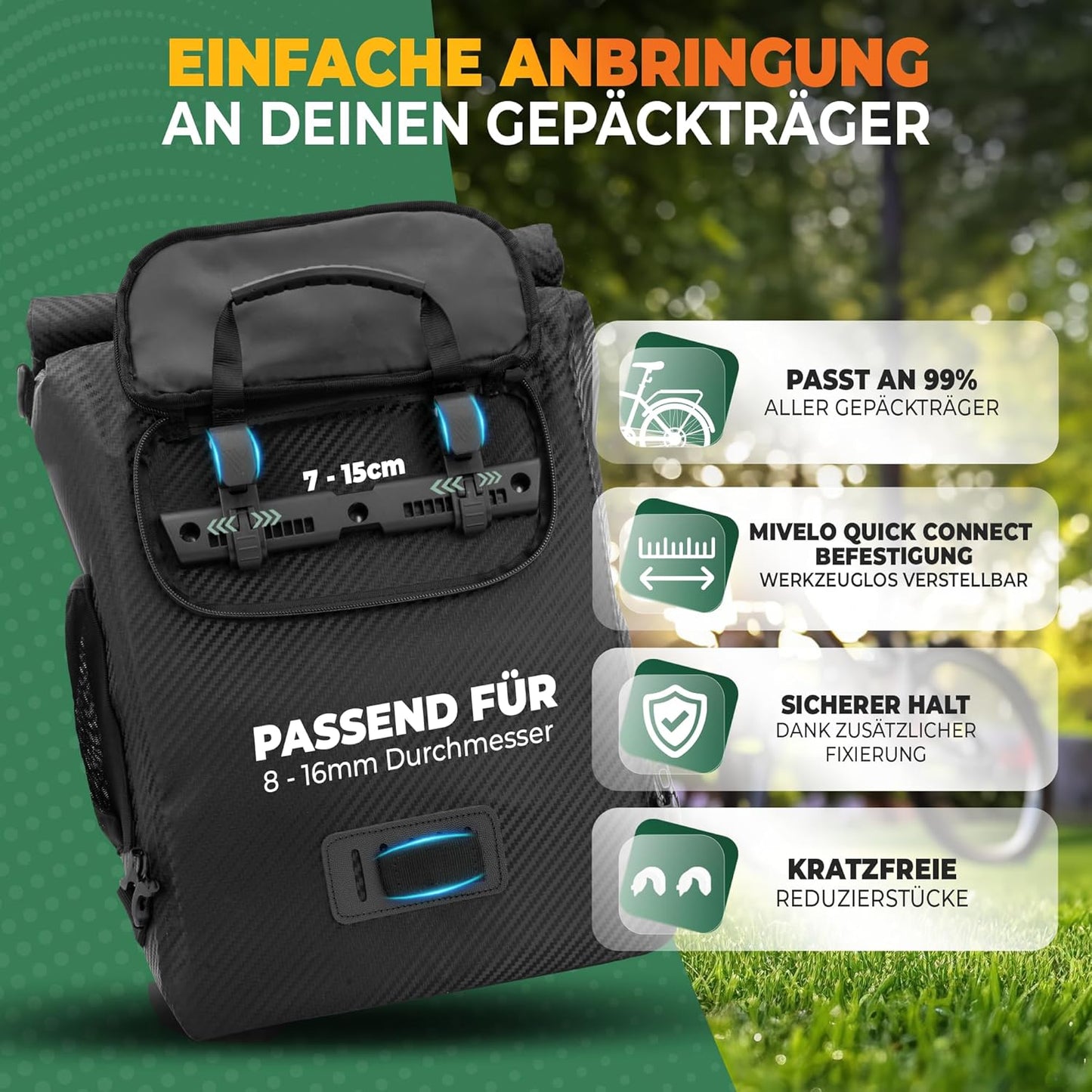 MIVELO PRIMUS - Sacoche étanche 3-en-1 avec compartiment pour ordinateur portable et fermeture - Carbone - 20 L