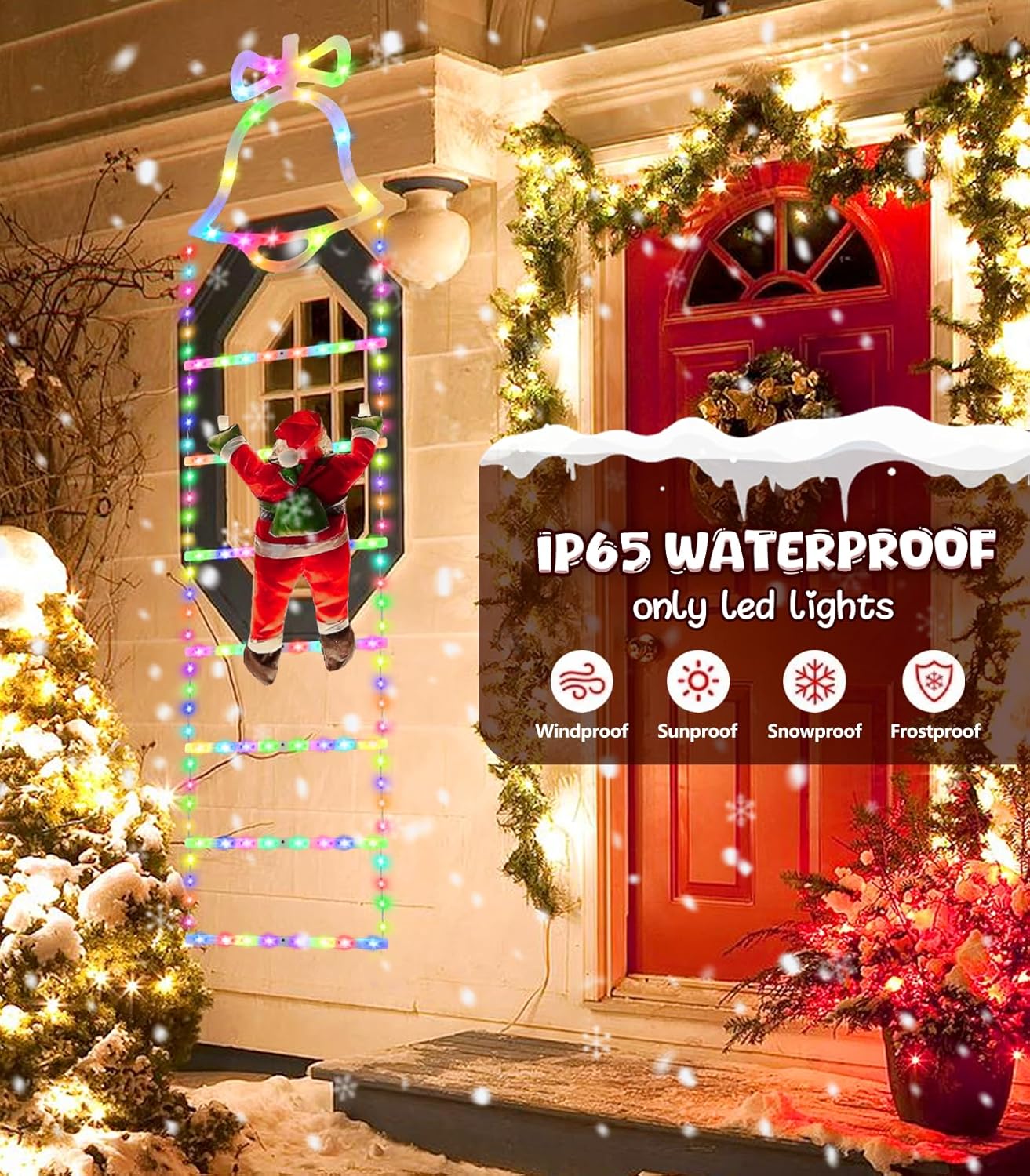 Illuminations de Noël extérieures échelle LED avec Père Noël 200 cm multicolore - batterie - 150 lumières - 8 modes d'éclairage - intérieur et extérieur