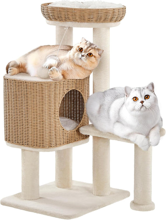 Yaheetech Poste pour chat avec maison en rotin - 49 x 41 x 91 cm - équipé d'un panier de luxe, de griffoirs en sisal et de tapis amovibles - pour chatons et chats adultes - en rotin beige et en peluche