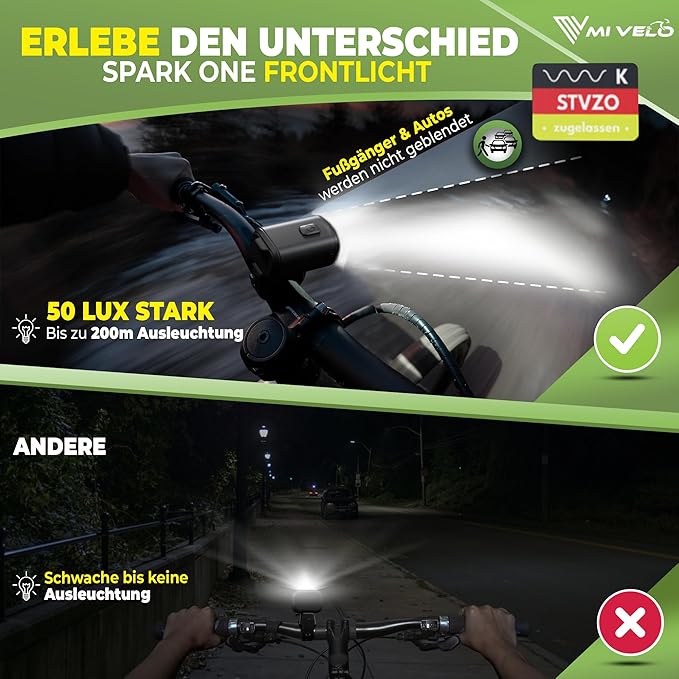 MIVELO Kit d'éclairage pour vélo - rechargeable par USB et étanche - 100 Lux - Smart One