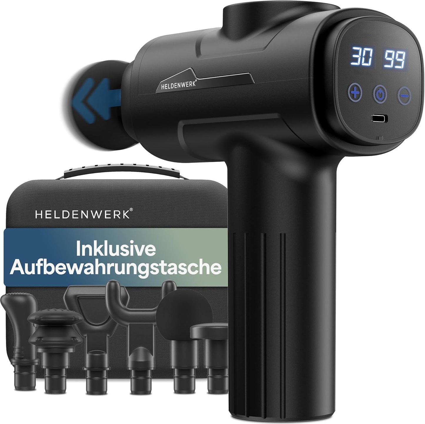 HELDENWERK Pistolet de massage actif - noir - 30 vitesses - 6 têtes de massage - silencieux - rechargeable par USB-C - écran tactile LCD - étui de rangement inclus - noir