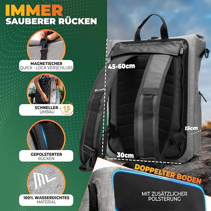 MIVELO - 3-in-1 Pannier & Sac à dos - Capacité 25 l - TPU - Gris - Avec compartiment pour ordinateur portable et bandoulière - Pour porte-bagages