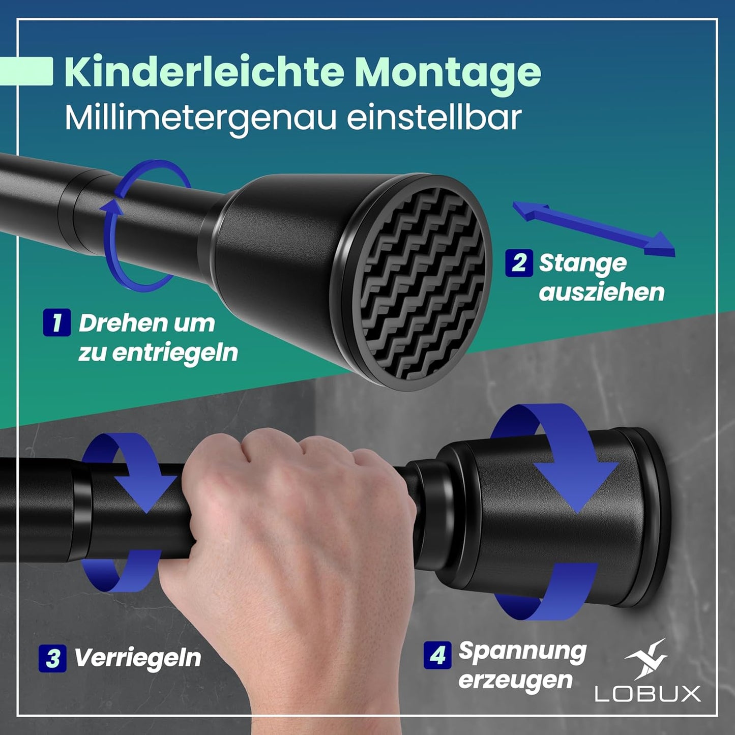 LOBUX® - Tringle à rideau sans perçage [noir, 260-350cm] - tringle télescopique extension de rideau - tringle de douche sans perçage - tringle à rideau, tringle à rideau de douche, tringle à linge, tringle de serrage filet de chat