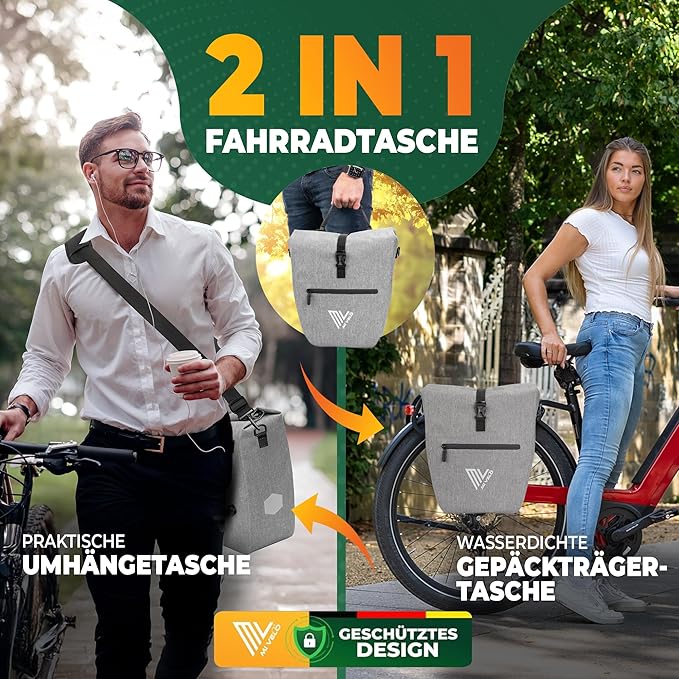 MIVELO Pannier - Imperméable & Incl. Bandoulière & Compartiment pour ordinateur portable - 20 litres - Gris